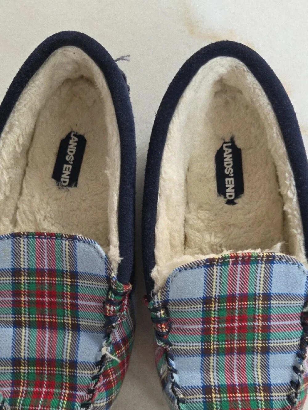 Lands' End Blue Plaid Sherpa-Lined Moccasin Slippers Size 2